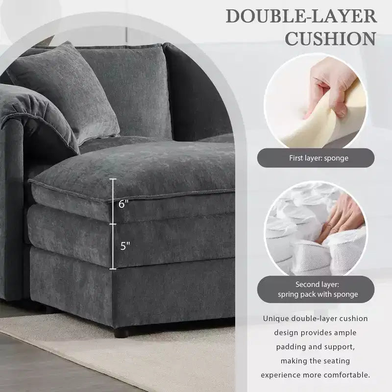 Divano componibile Whisen Modern Design oversized in ciniglia a 4 posti con cuscini doppi e pouf mobili
