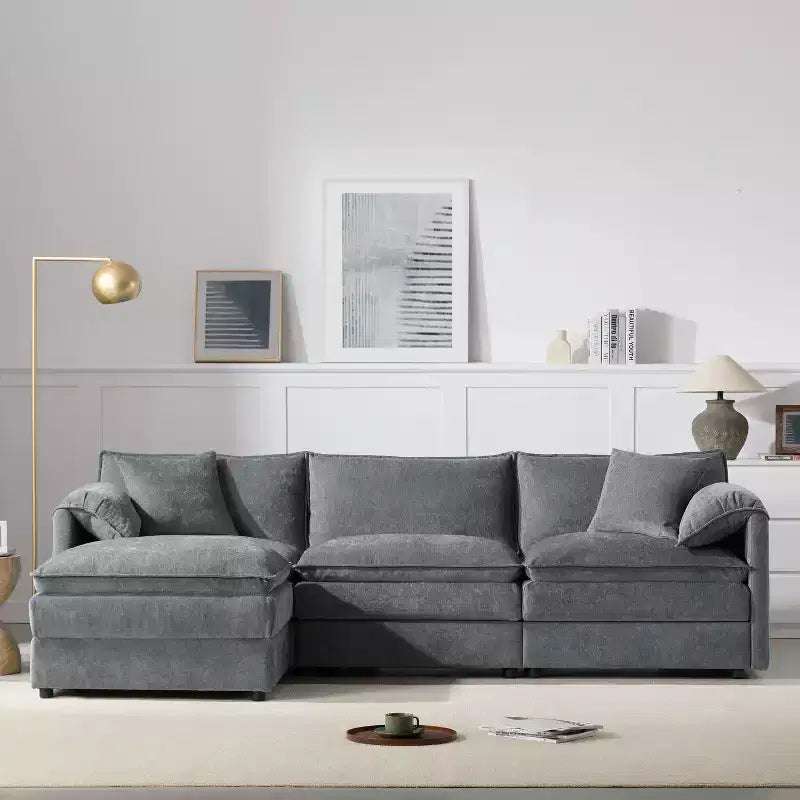 Canapé sectionnel modulaire surdimensionné en chenille Whisen Modern Design, 4 places avec double coussin et poufs mobiles