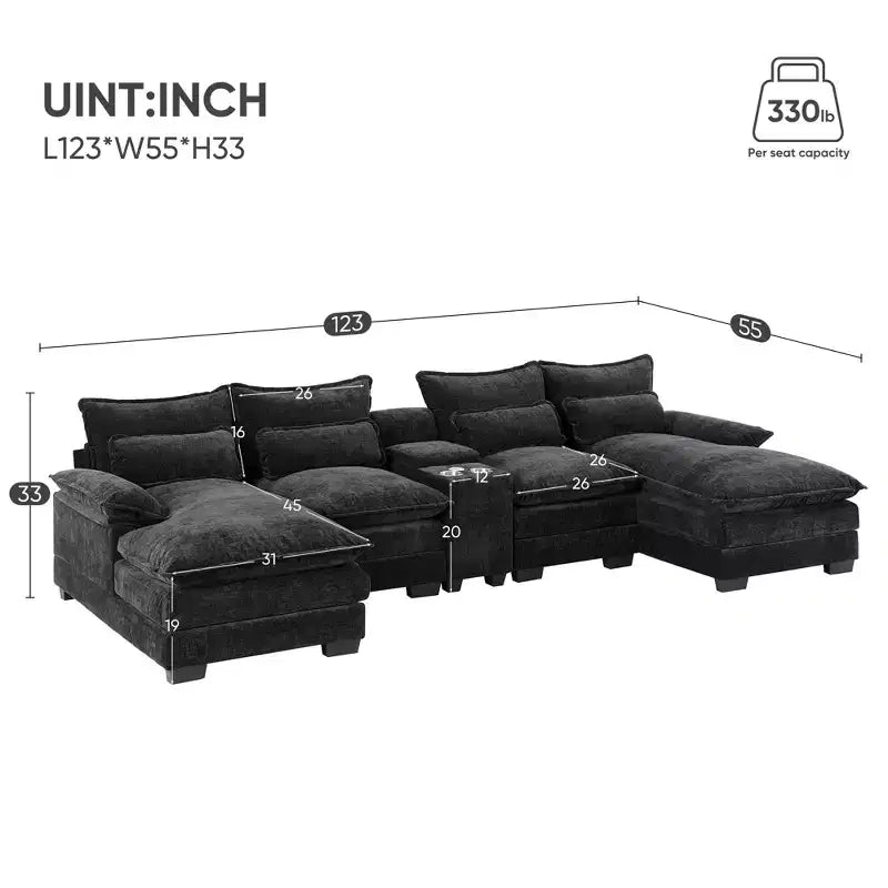 Canapé d'angle en forme de U en chenille Whisen Modern Design avec porte-gobelets et chargeur USB
