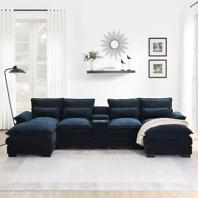 Canapé d'angle en forme de U en chenille Whisen Modern Design avec porte-gobelets et chargeur USB