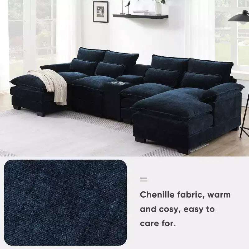 Canapé d'angle en forme de U en chenille Whisen Modern Design avec porte-gobelets et chargeur USB