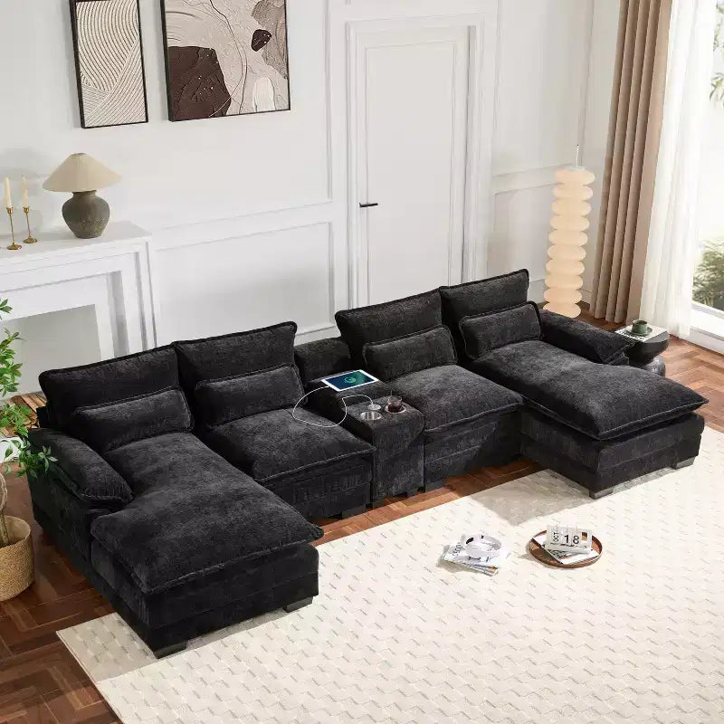 Canapé d'angle en forme de U en chenille Whisen Modern Design avec porte-gobelets et chargeur USB