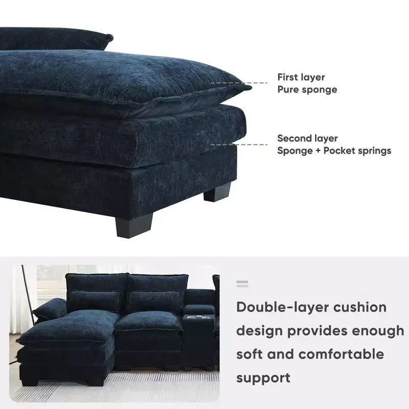 Canapé d'angle en forme de U en chenille Whisen Modern Design avec porte-gobelets et chargeur USB