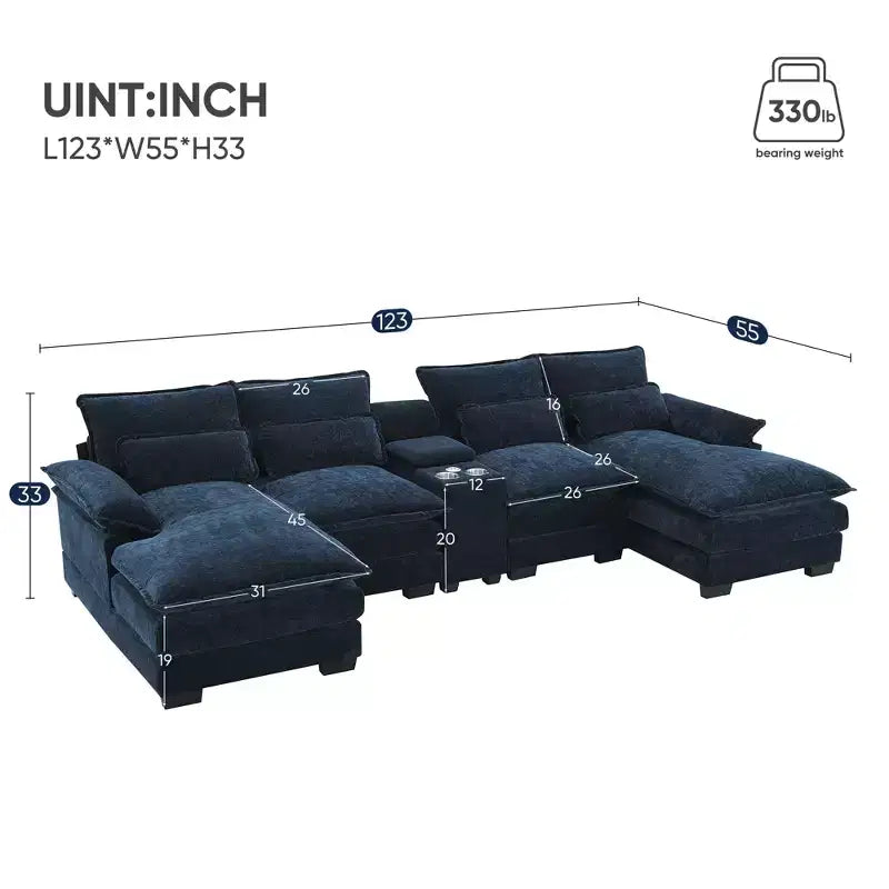 Canapé d'angle en forme de U en chenille Whisen Modern Design avec porte-gobelets et chargeur USB