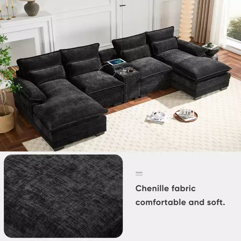 Canapé d'angle en forme de U en chenille Whisen Modern Design avec porte-gobelets et chargeur USB