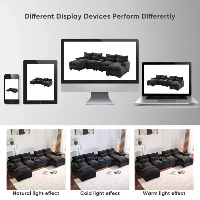 Canapé d'angle en forme de U en chenille Whisen Modern Design avec porte-gobelets et chargeur USB