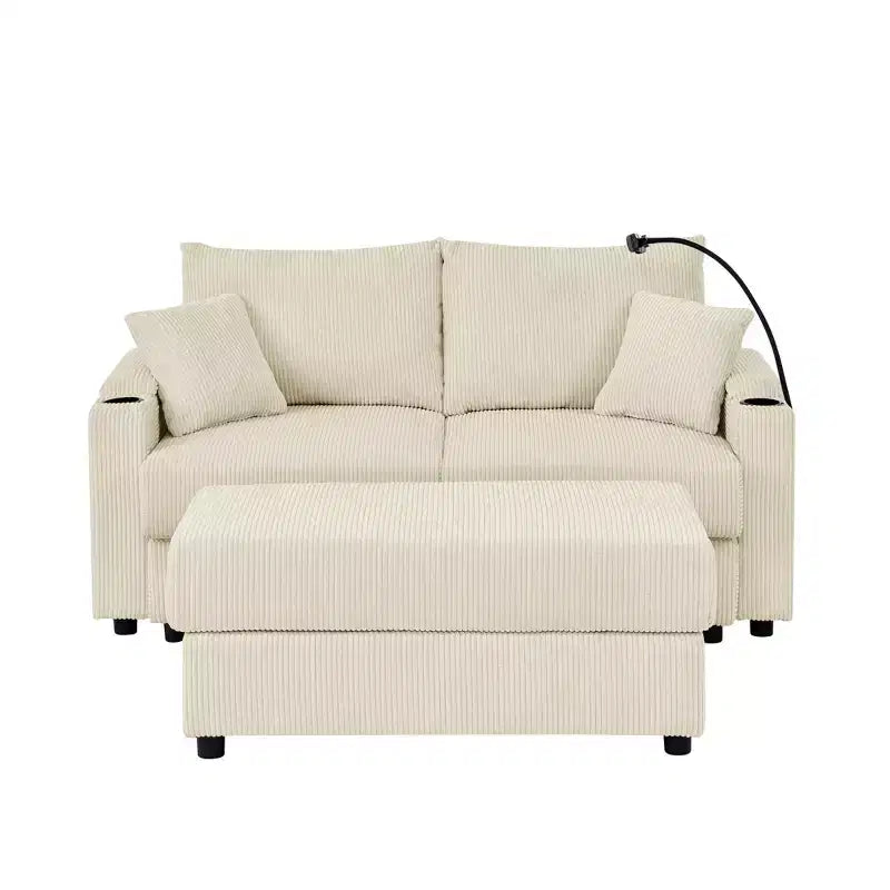 GDFStudio Jean Modern Corduroy 73 Loveseat with Cup Holders, Armrest Storage, Mobile Phone Holder and Ottoman
