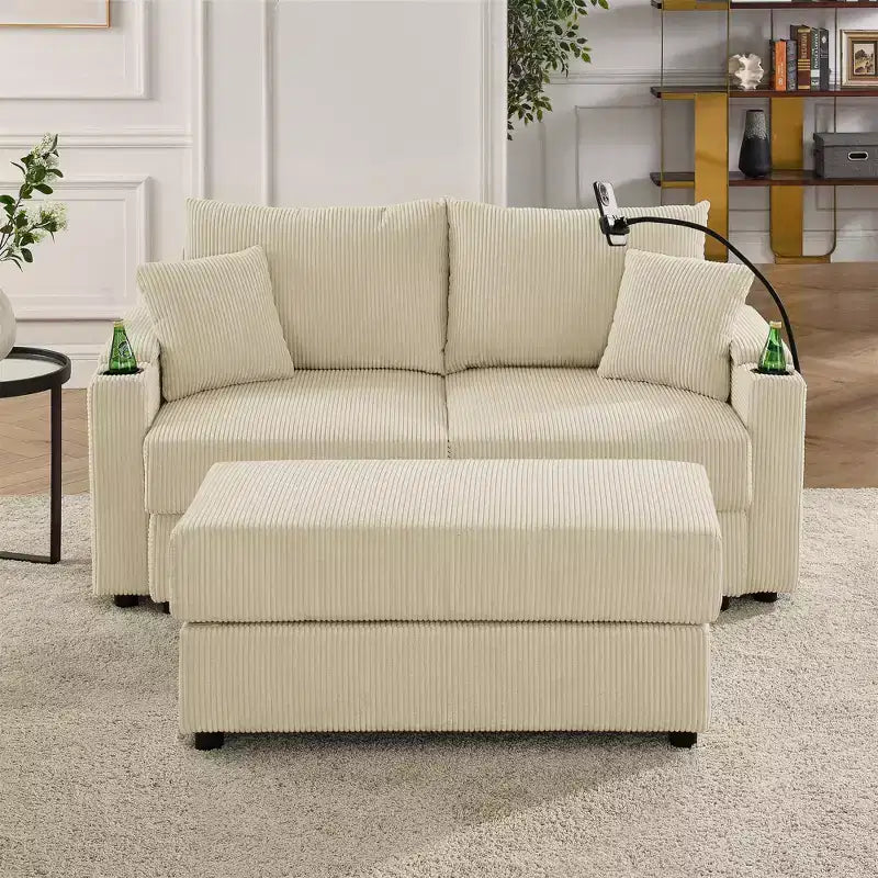 GDFStudio Jean Divanetto Moderno in Velluto a Coste da 73 pollici con Portabicchieri, Vano Portaoggetti nei Braccioli, Porta Cellulare e Pouf