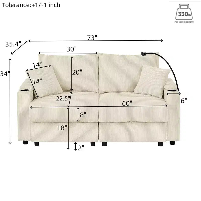 GDFStudio Jean Divanetto Moderno in Velluto a Coste da 73 pollici con Portabicchieri, Vano Portaoggetti nei Braccioli, Porta Cellulare e Pouf