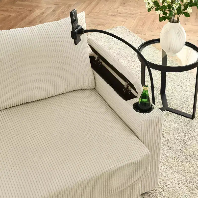 GDFStudio Jean Divanetto Moderno in Velluto a Coste da 73 pollici con Portabicchieri, Vano Portaoggetti nei Braccioli, Porta Cellulare e Pouf