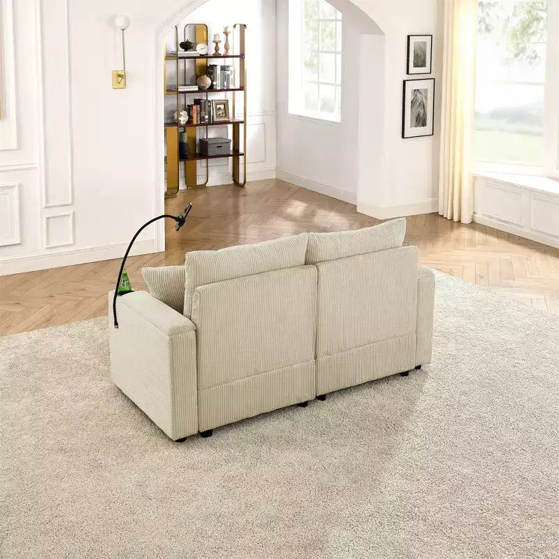 GDFStudio Jean Divanetto Moderno in Velluto a Coste da 73 pollici con Portabicchieri, Vano Portaoggetti nei Braccioli, Porta Cellulare e Pouf