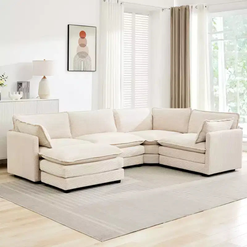 Divano componibile a 5 posti Hyleory in velluto a coste, moderno, di grandi dimensioni, 287 x 201 cm, con pouf e angolare, a forma di U