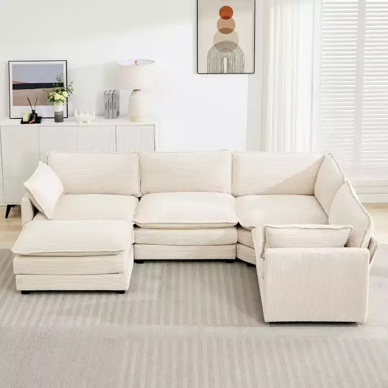 Divano componibile a 5 posti Hyleory in velluto a coste, moderno, di grandi dimensioni, 287 x 201 cm, con pouf e angolare, a forma di U