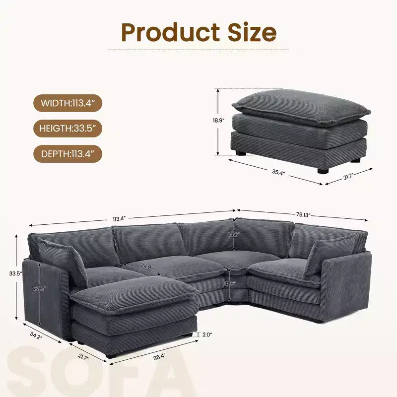 Divano componibile a 5 posti Hyleory in velluto a coste, moderno, di grandi dimensioni, 287 x 201 cm, con pouf e angolare, a forma di U