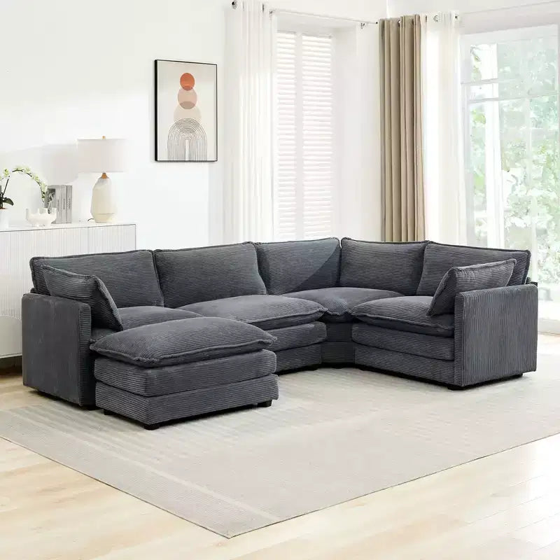 Divano componibile a 5 posti Hyleory in velluto a coste, moderno, di grandi dimensioni, 287 x 201 cm, con pouf e angolare, a forma di U