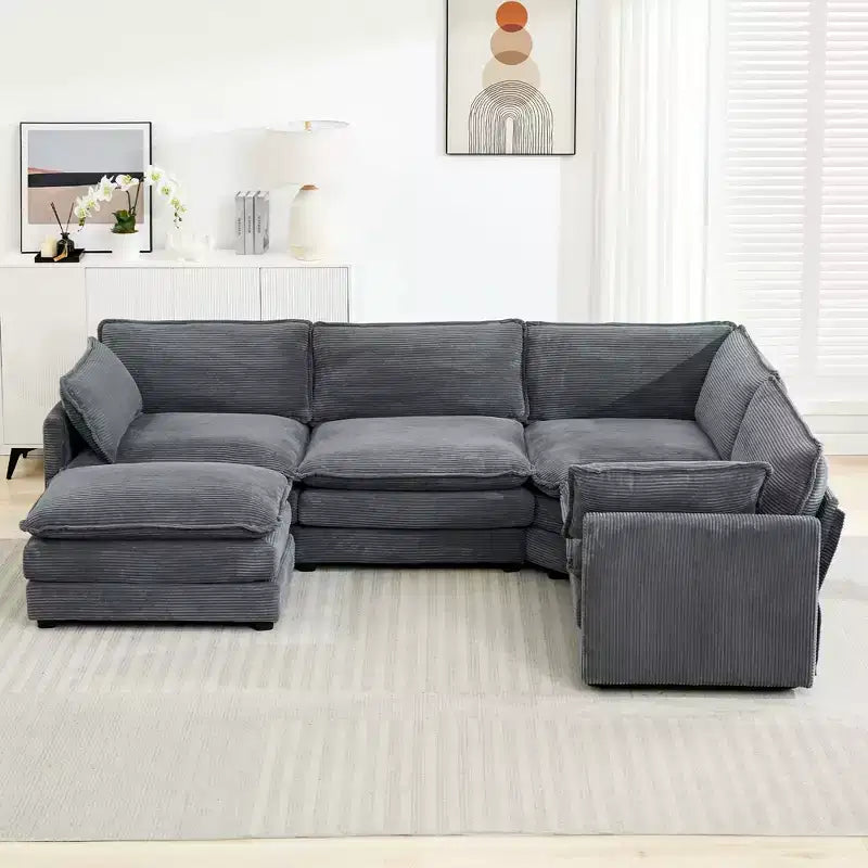 Divano componibile a 5 posti Hyleory in velluto a coste, moderno, di grandi dimensioni, 287 x 201 cm, con pouf e angolare, a forma di U