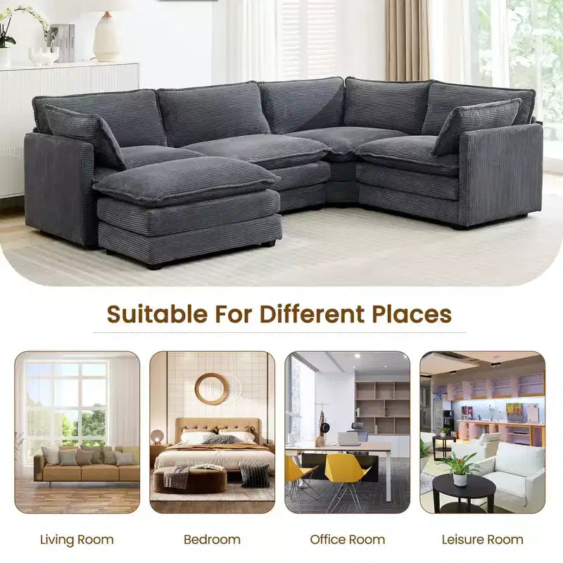 Divano componibile a 5 posti Hyleory in velluto a coste, moderno, di grandi dimensioni, 287 x 201 cm, con pouf e angolare, a forma di U