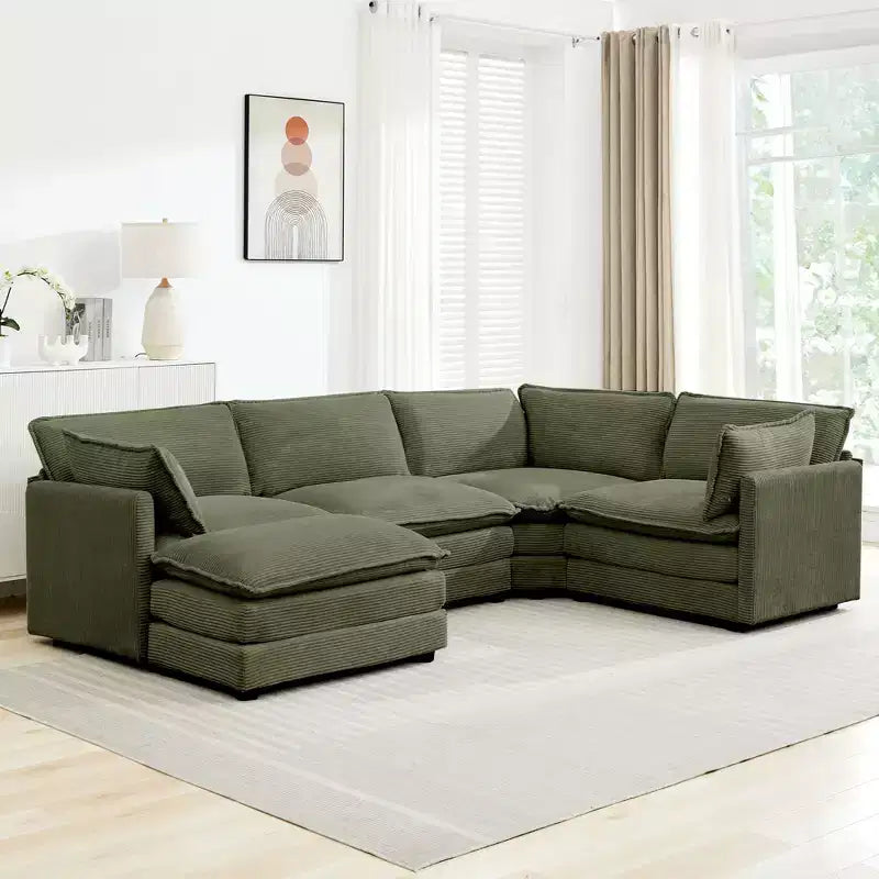 Divano componibile a 5 posti Hyleory in velluto a coste, moderno, di grandi dimensioni, 287 x 201 cm, con pouf e angolare, a forma di U