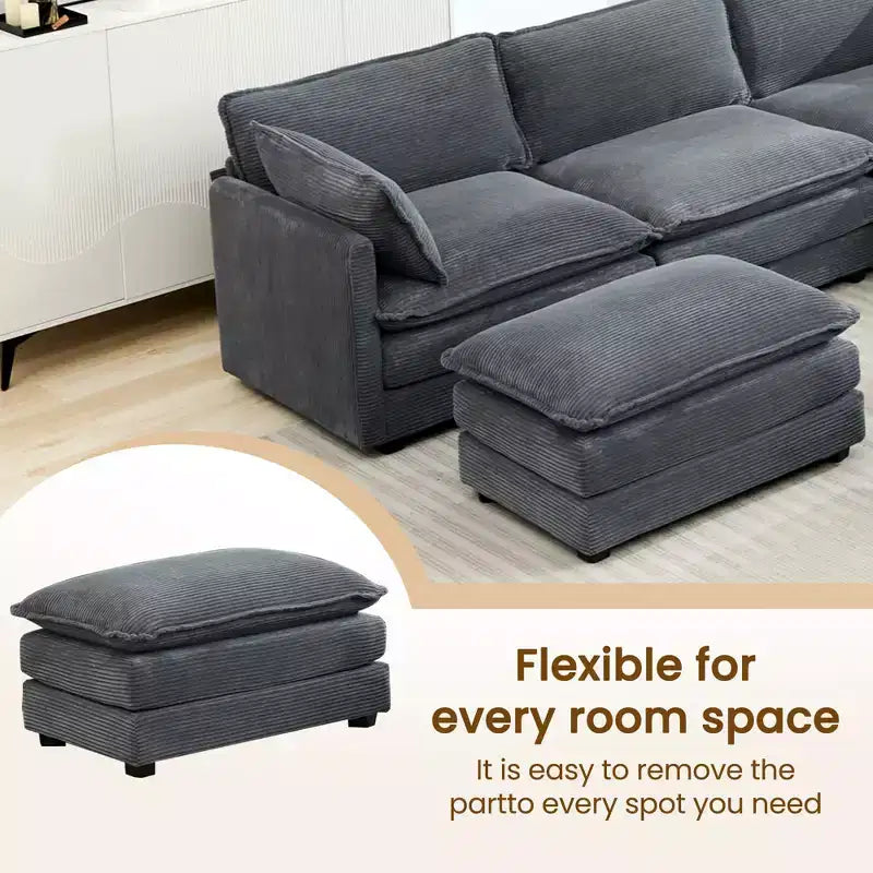Divano componibile a 5 posti Hyleory in velluto a coste, moderno, di grandi dimensioni, 287 x 201 cm, con pouf e angolare, a forma di U