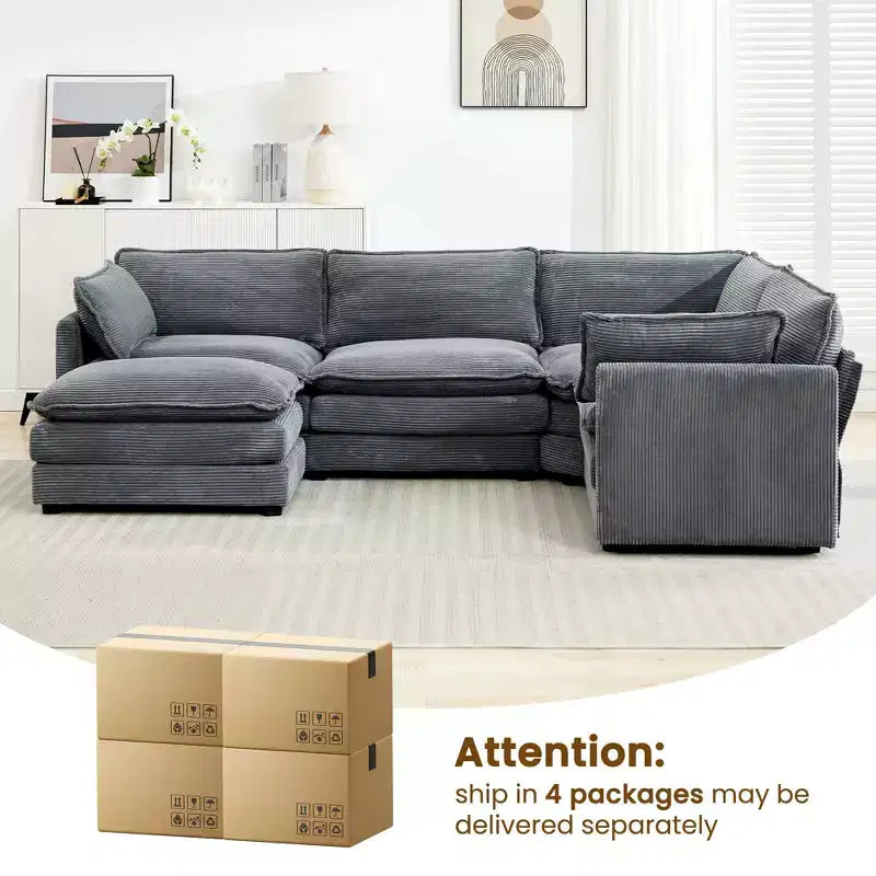 Divano componibile a 5 posti Hyleory in velluto a coste, moderno, di grandi dimensioni, 287 x 201 cm, con pouf e angolare, a forma di U