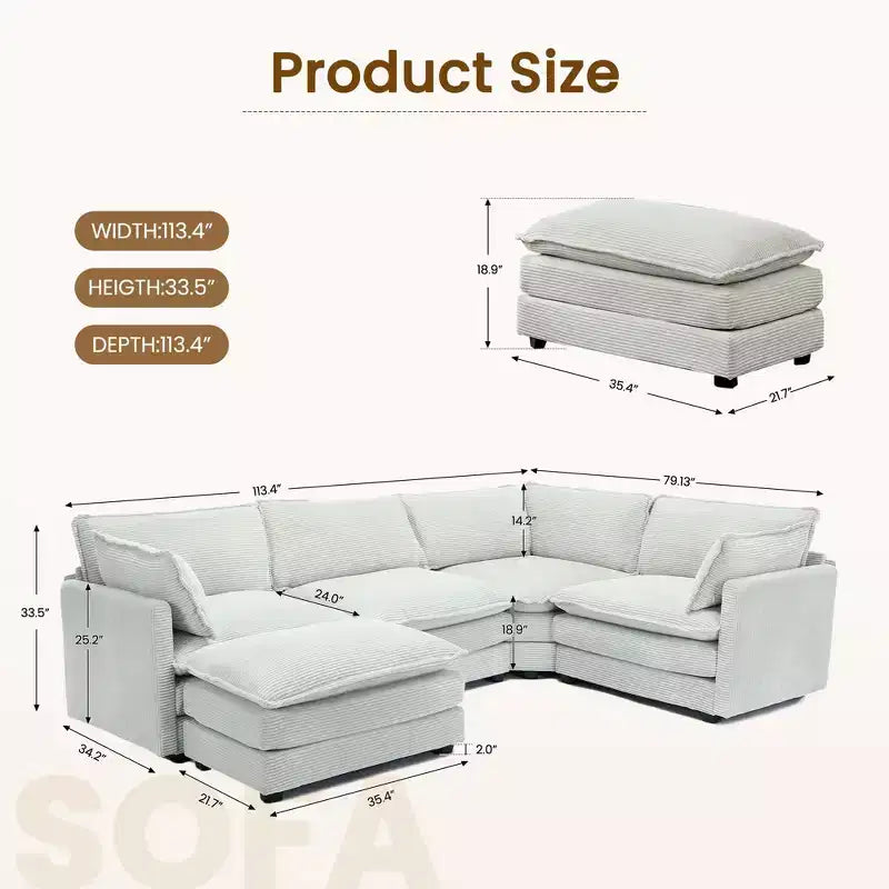 Divano componibile a 5 posti Hyleory in velluto a coste, moderno, di grandi dimensioni, 287 x 201 cm, con pouf e angolare, a forma di U