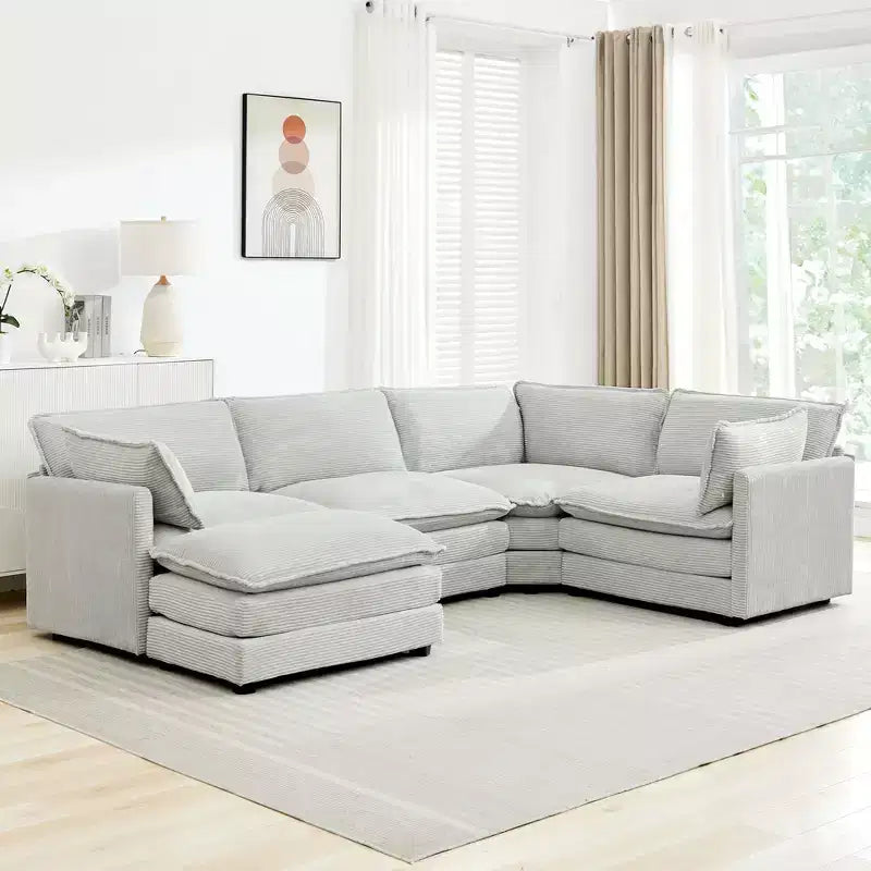 Divano componibile a 5 posti Hyleory in velluto a coste, moderno, di grandi dimensioni, 287 x 201 cm, con pouf e angolare, a forma di U