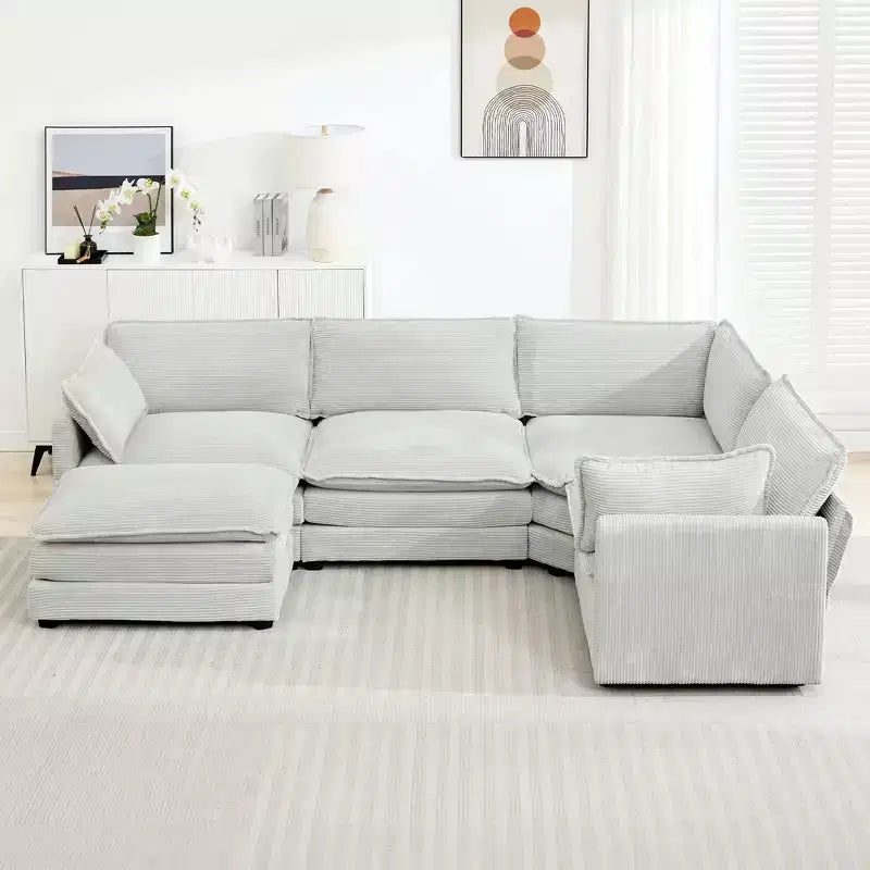 Divano componibile a 5 posti Hyleory in velluto a coste, moderno, di grandi dimensioni, 287 x 201 cm, con pouf e angolare, a forma di U