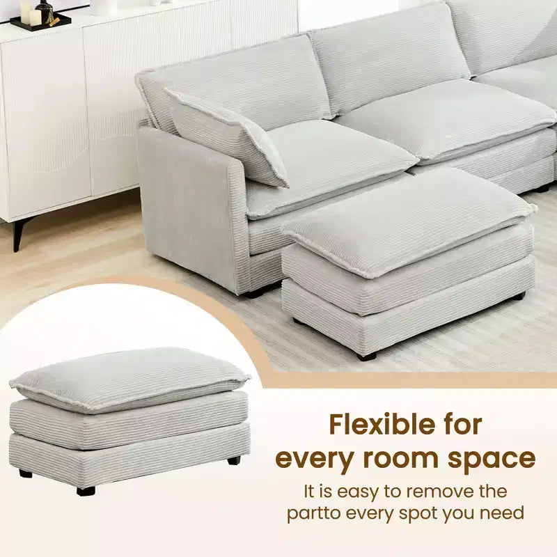 Divano componibile a 5 posti Hyleory in velluto a coste, moderno, di grandi dimensioni, 287 x 201 cm, con pouf e angolare, a forma di U