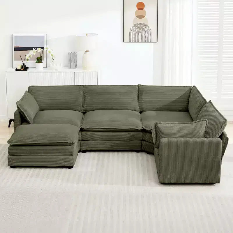 Divano componibile a 5 posti Hyleory in velluto a coste, moderno, di grandi dimensioni, 287 x 201 cm, con pouf e angolare, a forma di U