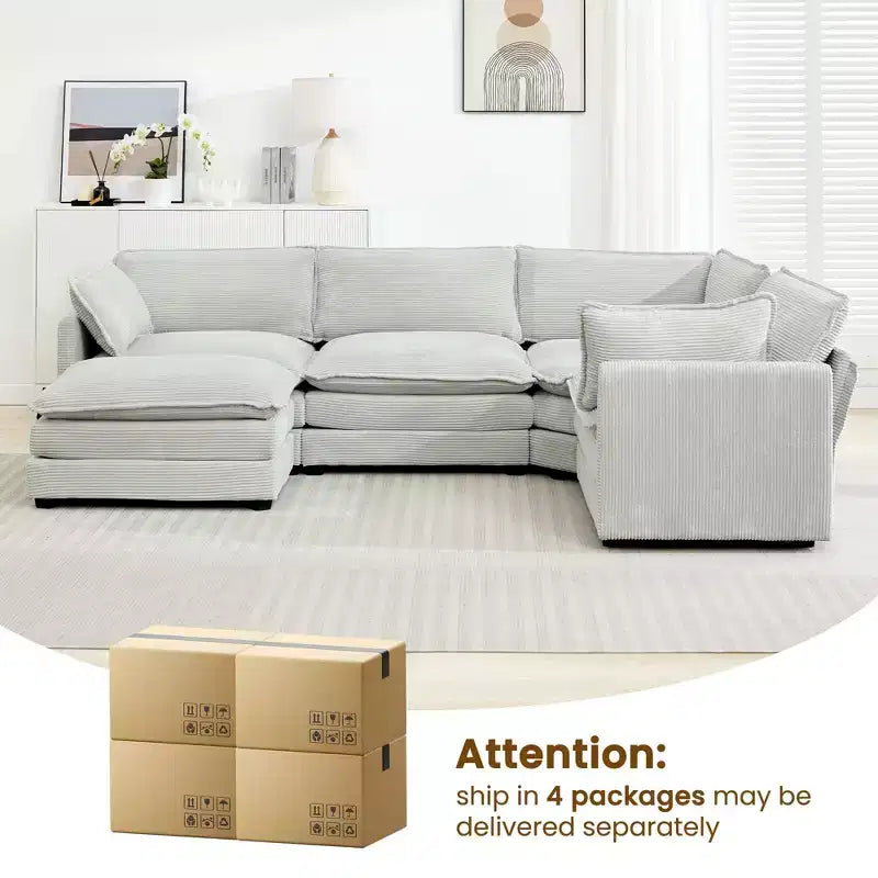 Divano componibile a 5 posti Hyleory in velluto a coste, moderno, di grandi dimensioni, 287 x 201 cm, con pouf e angolare, a forma di U