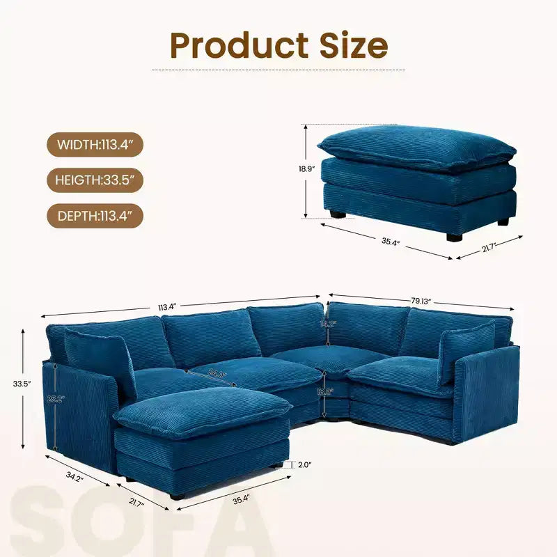 Divano componibile a 5 posti Hyleory in velluto a coste, moderno, di grandi dimensioni, 287 x 201 cm, con pouf e angolare, a forma di U