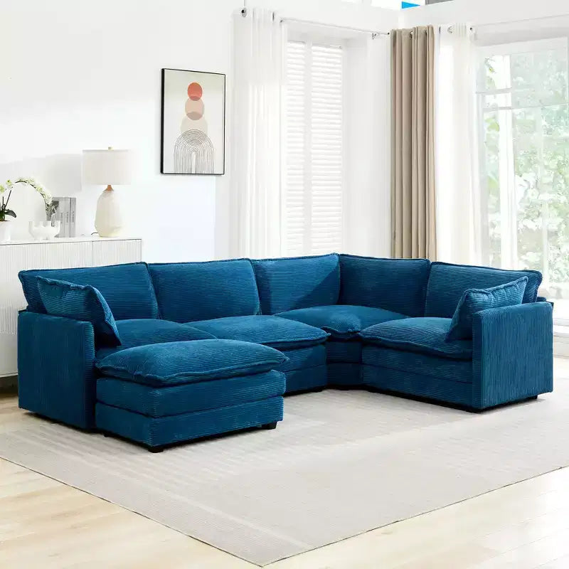Divano componibile a 5 posti Hyleory in velluto a coste, moderno, di grandi dimensioni, 287 x 201 cm, con pouf e angolare, a forma di U