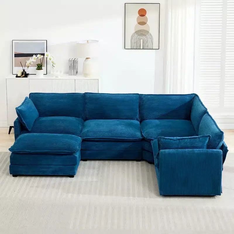 Divano componibile a 5 posti Hyleory in velluto a coste, moderno, di grandi dimensioni, 287 x 201 cm, con pouf e angolare, a forma di U