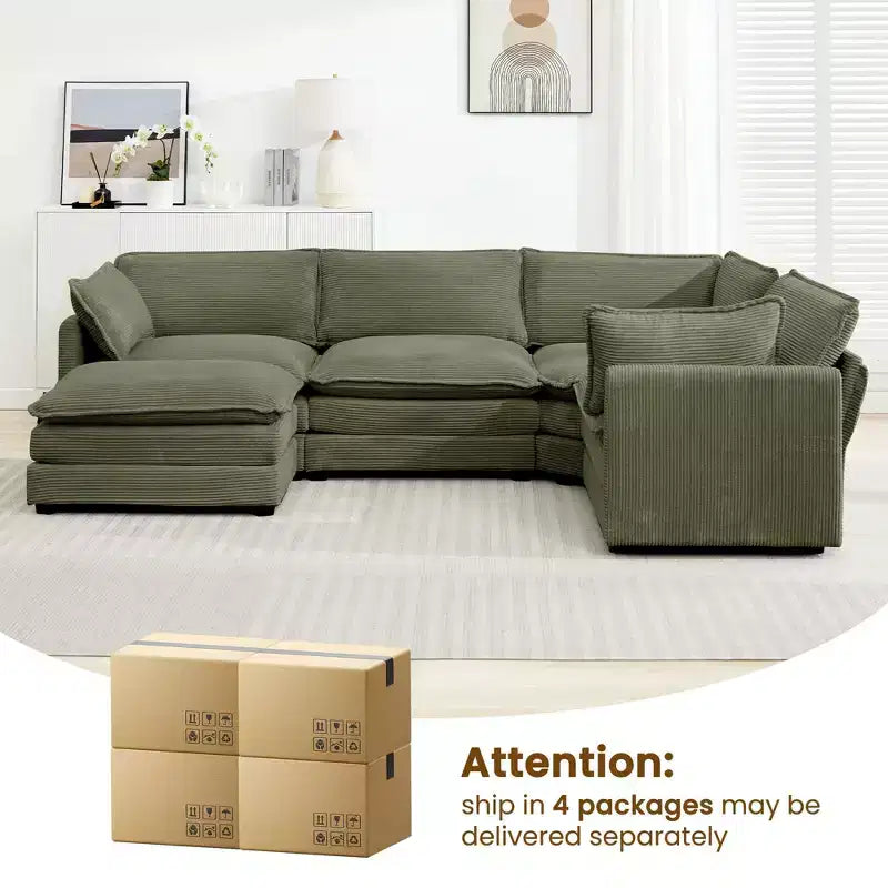 Divano componibile a 5 posti Hyleory in velluto a coste, moderno, di grandi dimensioni, 287 x 201 cm, con pouf e angolare, a forma di U