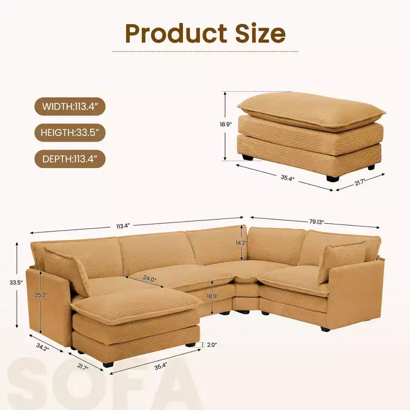 Divano componibile a 5 posti Hyleory in velluto a coste, moderno, di grandi dimensioni, 287 x 201 cm, con pouf e angolare, a forma di U