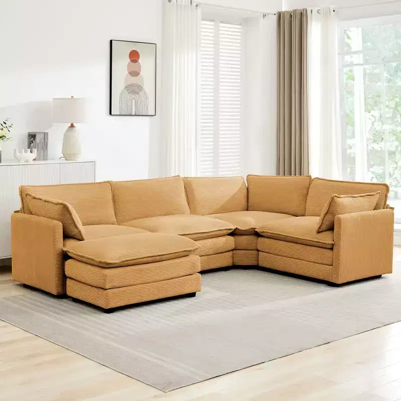 Divano componibile a 5 posti Hyleory in velluto a coste, moderno, di grandi dimensioni, 287 x 201 cm, con pouf e angolare, a forma di U