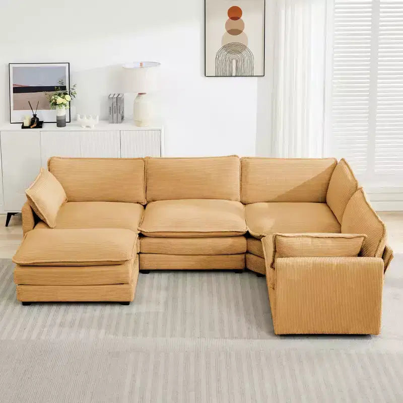Divano componibile a 5 posti Hyleory in velluto a coste, moderno, di grandi dimensioni, 287 x 201 cm, con pouf e angolare, a forma di U
