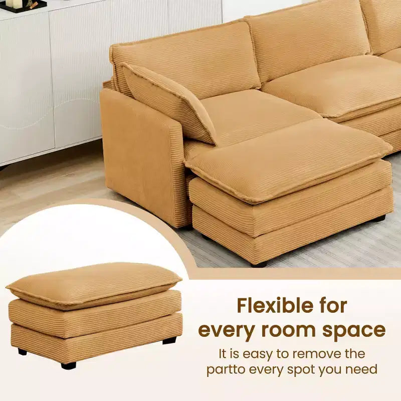 Divano componibile a 5 posti Hyleory in velluto a coste, moderno, di grandi dimensioni, 287 x 201 cm, con pouf e angolare, a forma di U