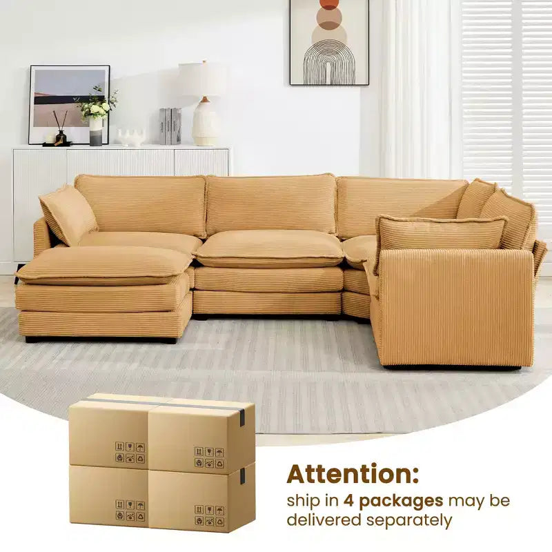 Divano componibile a 5 posti Hyleory in velluto a coste, moderno, di grandi dimensioni, 287 x 201 cm, con pouf e angolare, a forma di U