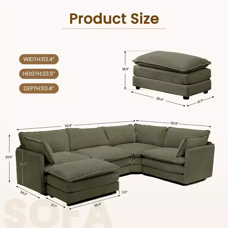 Divano componibile a 5 posti Hyleory in velluto a coste, moderno, di grandi dimensioni, 287 x 201 cm, con pouf e angolare, a forma di U
