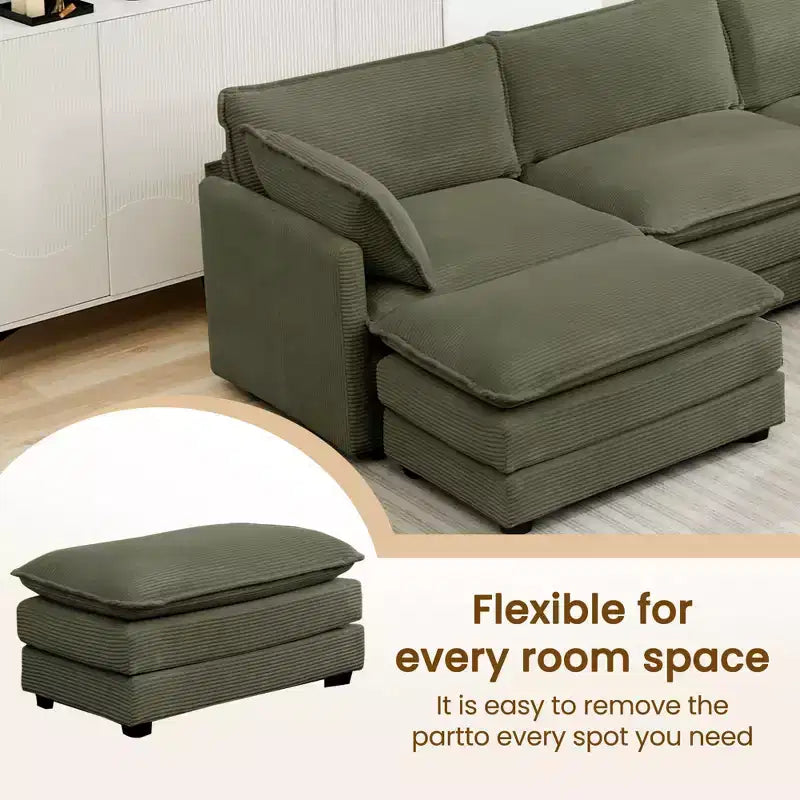 Divano componibile a 5 posti Hyleory in velluto a coste, moderno, di grandi dimensioni, 287 x 201 cm, con pouf e angolare, a forma di U
