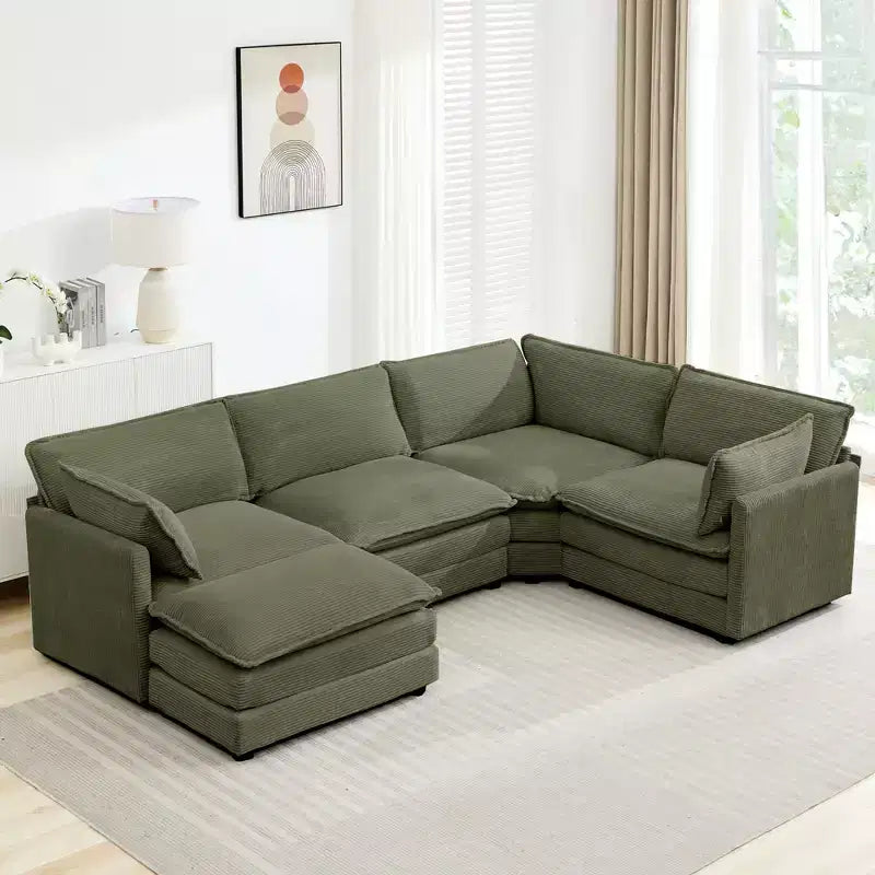 Divano componibile a 5 posti Hyleory in velluto a coste, moderno, di grandi dimensioni, 287 x 201 cm, con pouf e angolare, a forma di U