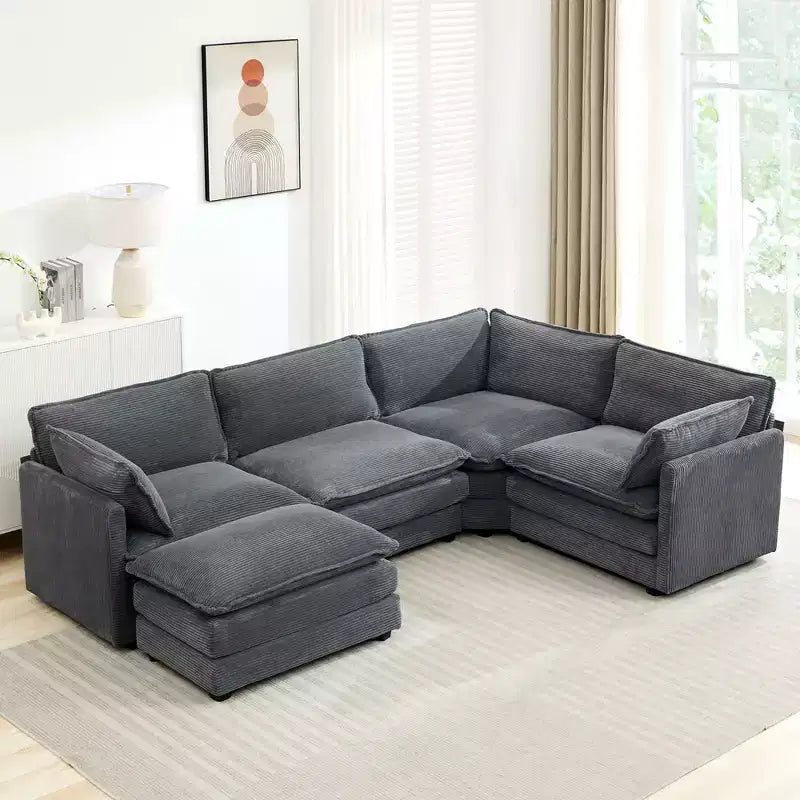 Divano componibile a 5 posti Hyleory in velluto a coste, moderno, di grandi dimensioni, 287 x 201 cm, con pouf e angolare, a forma di U