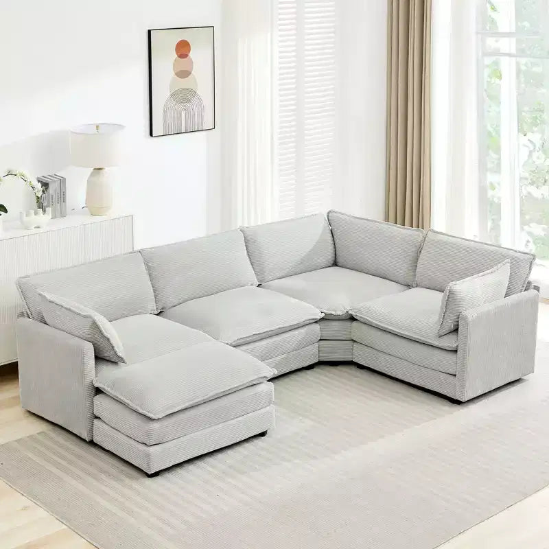 Divano componibile a 5 posti Hyleory in velluto a coste, moderno, di grandi dimensioni, 287 x 201 cm, con pouf e angolare, a forma di U