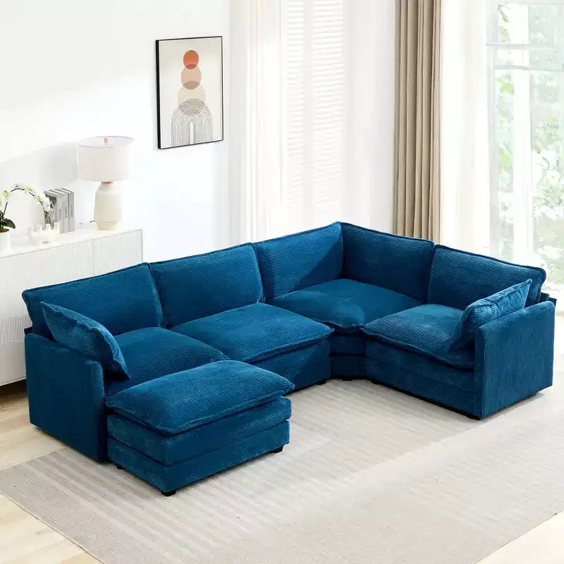 Divano componibile a 5 posti Hyleory in velluto a coste, moderno, di grandi dimensioni, 287 x 201 cm, con pouf e angolare, a forma di U