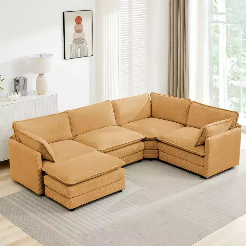 Divano componibile a 5 posti Hyleory in velluto a coste, moderno, di grandi dimensioni, 287 x 201 cm, con pouf e angolare, a forma di U