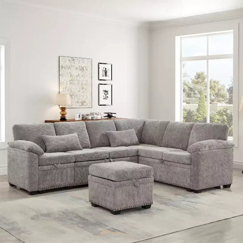 97W L-Shaped Corner Sectional Sofa Couch with Storage Ottoman, 7-Seat Chenille Fabric Corner Couch with 2 Pillows for Living Room - ModernLuxe