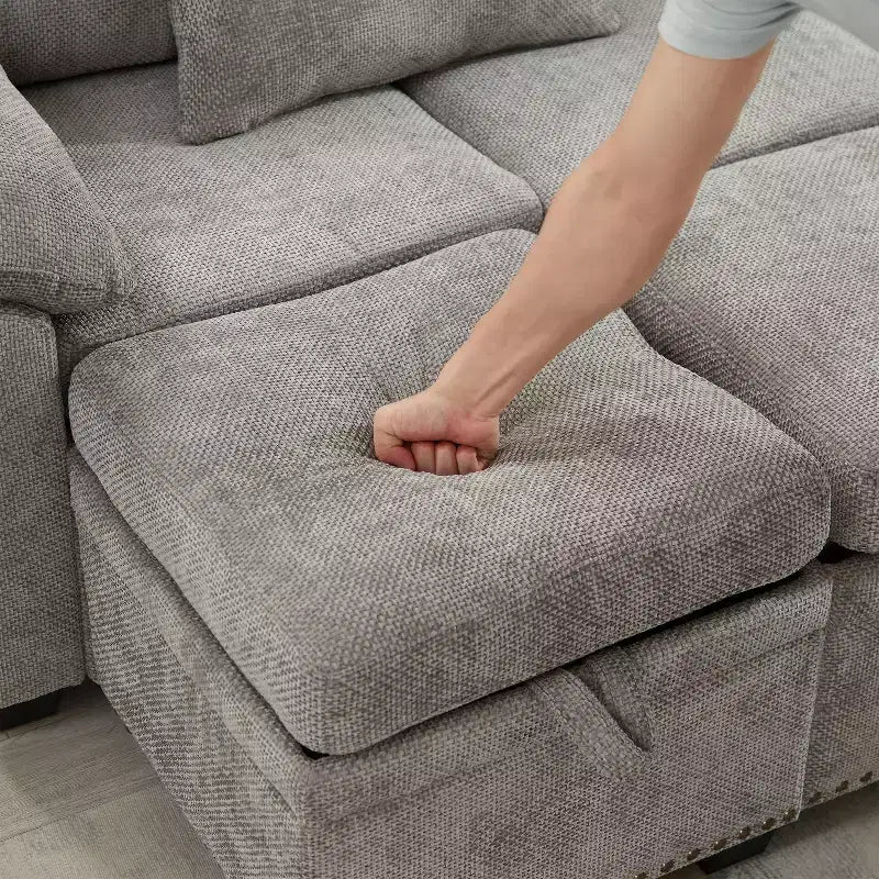 Divano sezionale angolare a L da 97" con pouf contenitore, divano angolare a 7 posti in tessuto ciniglia con 2 cuscini per soggiorno - ModernLuxe