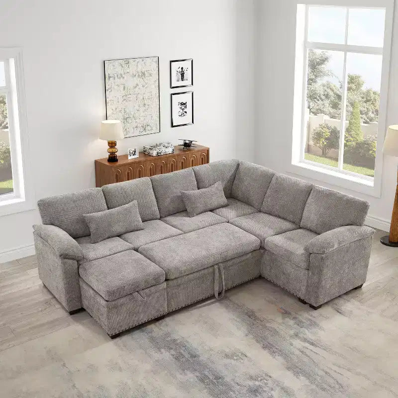 Divano sezionale angolare a L da 97" con pouf contenitore, divano angolare a 7 posti in tessuto ciniglia con 2 cuscini per soggiorno - ModernLuxe