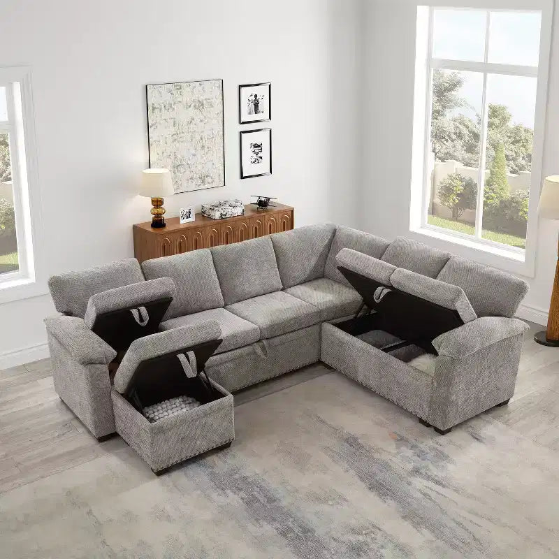 Divano sezionale angolare a L da 97" con pouf contenitore, divano angolare a 7 posti in tessuto ciniglia con 2 cuscini per soggiorno - ModernLuxe